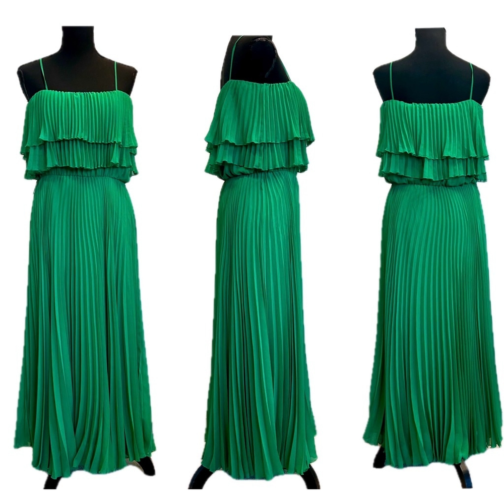 Zara green pleated off the shoulder layered tiered ruffle midi maxi dress Sz M